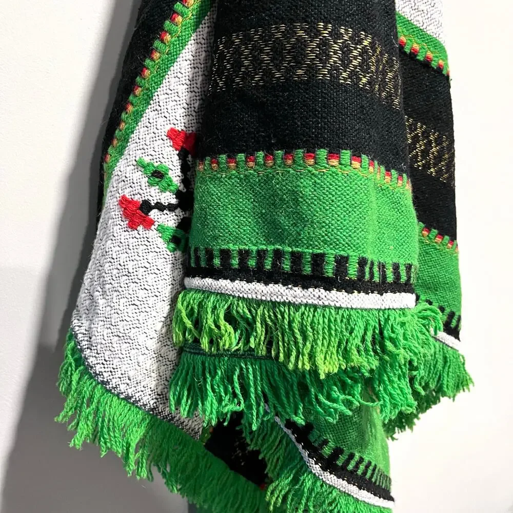 Swedish Embroidered Wool Peasant Blanket Tapestry Stripes Fringe Bright Colorful